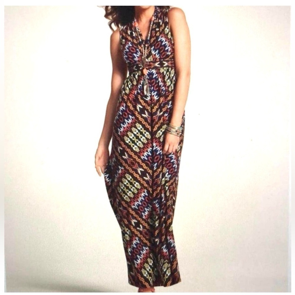 Chico's Women's Jasmina Link Map Chain Tribal Print Empire Waist Maxi dress L